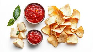 Chips, salsa and cheese on a white surface photo