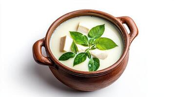 A bowl of creamy soup with basil leaves on a white background photo