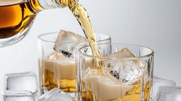 Whiskey is poured into two glasses with ice photo