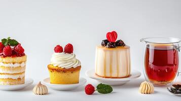 A group of cakes and desserts on white plates photo