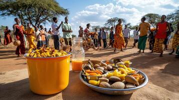 A group of people standing around a table with a bowl of fruit photo