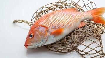A red fish is sitting in a net photo