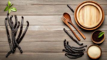 Various types of vanilla beans and wooden bowls on a wooden table photo