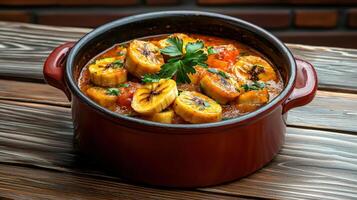 A pot filled with food on a table photo