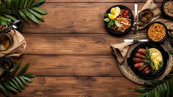A variety of food and drinks on a wooden table photo