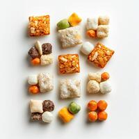 Assorted snacks arranged in squares on white background photo
