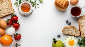Breakfast foods with eggs, bread, fruit, and tea photo