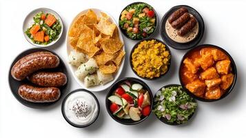 A variety of different foods including chips, meat, and vegetables photo