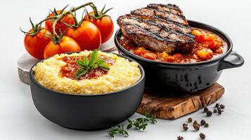 Two bowls of couscous and a steak with tomatoes photo