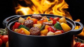 A pot filled with vegetables and meat on a stove photo
