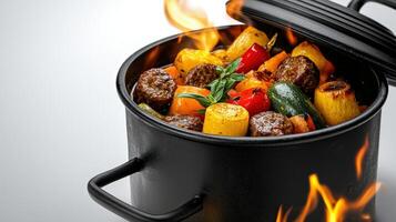 A pot filled with food on fire photo