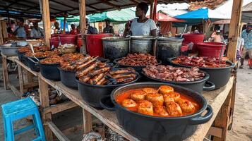A man standing in front of a food stand with many pots and pans photo