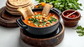 Chicken curry with chickpeas and bread photo