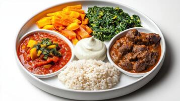 A plate with rice, meat, vegetables and other food photo