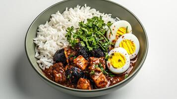 Chicken curry with rice and boiled eggs in a bowl photo