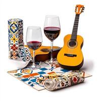 A guitar, wine glass and a napkin with a tile pattern photo