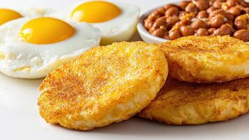 A plate of food with fried eggs, beans and hash browns photo