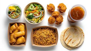 A white table with a bunch of food in it photo