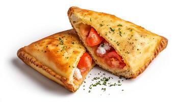 A piece of a pasty with tomatoes and cheese photo