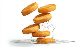 A pile of fried potatoes falling into water photo