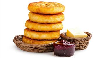 A stack of pancakes with butter and jam photo
