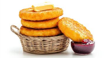 A basket with a stack of pancakes and a jar of jam photo