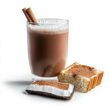 A glass of chocolate milk with a slice of bread photo