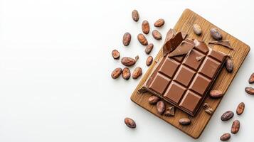 Chocolate bar on a wooden board with cocoa beans on white background photo