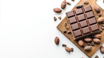 Chocolate bar on a cutting board with cocoa beans and nuts photo