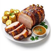 A plate with a roast pork and potatoes photo