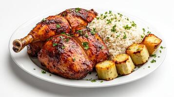A plate with chicken, rice and potatoes photo