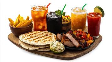 A wooden tray with various drinks and food photo
