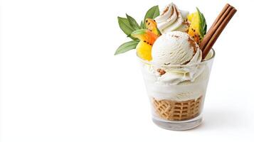 Ice cream sundae with fruit and cinnamon sticks photo
