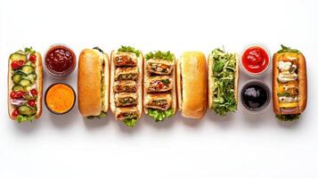 A line of sandwiches with different toppings photo