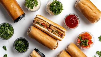 A variety of sandwiches and condiments are arranged on a white surface photo