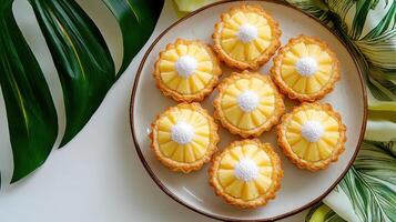 A plate of lemon tarts on a white table photo