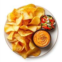 A plate with chips and dip on it photo