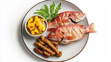 A plate with two fish and some vegetables photo