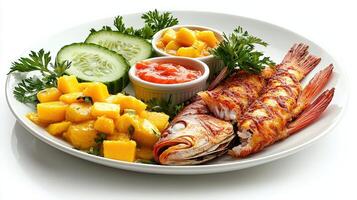 A plate of food with shrimp, mango, and cucumber photo