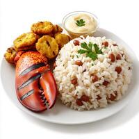 A plate with rice, lobster and fried fish photo