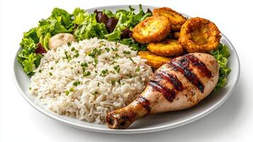 A plate with rice, chicken, and salad photo