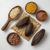 Cocoa beans, beans, seeds, and nuts in bowls photo