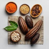 Cocoa beans, spices and nuts on a mat photo