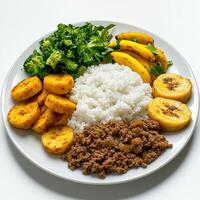 A plate of food with rice, beans, meat, and vegetables photo