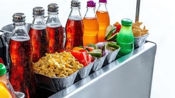 A silver tray filled with soda, popcorn and other snacks photo