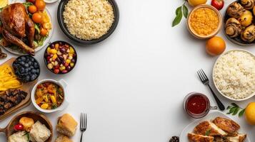 Thanksgiving dinner with turkey, rice, vegetables, fruit and other food on white background photo