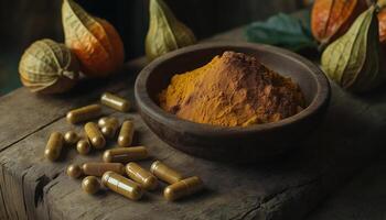 Ashwagandha Powder and Capsules with Physalis on Wood Surface photo