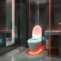 Modern Toilet with Neon Light in Bathroom photo