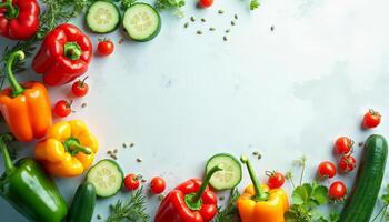 Fresh Vegetables Food Photography Background with Peppers and Cucumbers photo