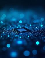 Advanced Microchip on Circuit Board Blue Light Background photo